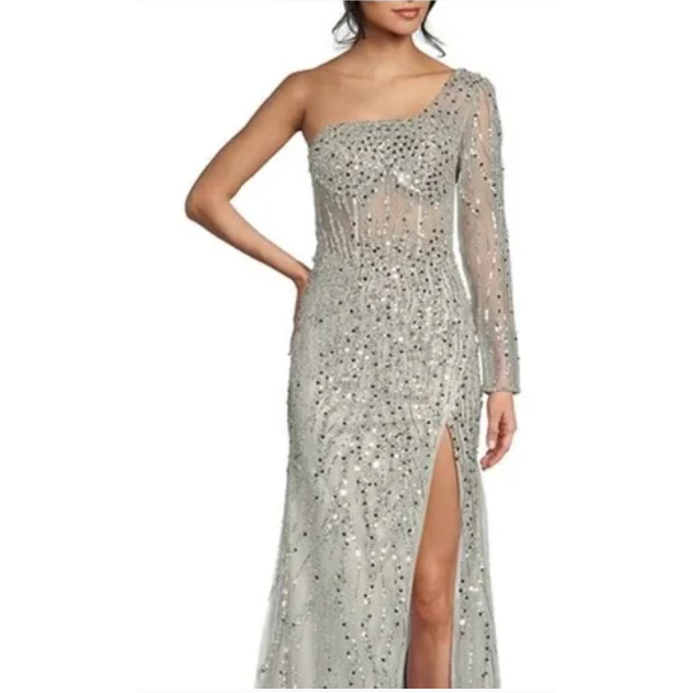 NWT Gianni Bini One Shoulder Gown Pearl Gray Silver Sz 3 Beaded Slit Formal Prom